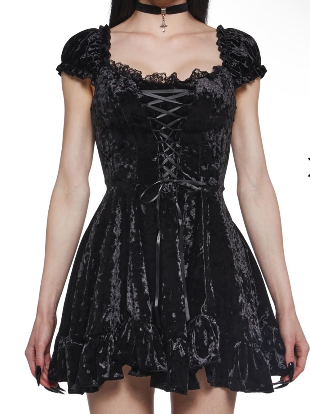 Dolls Kill Black Velvet Lace-Up Mini Dress Sold Out Size